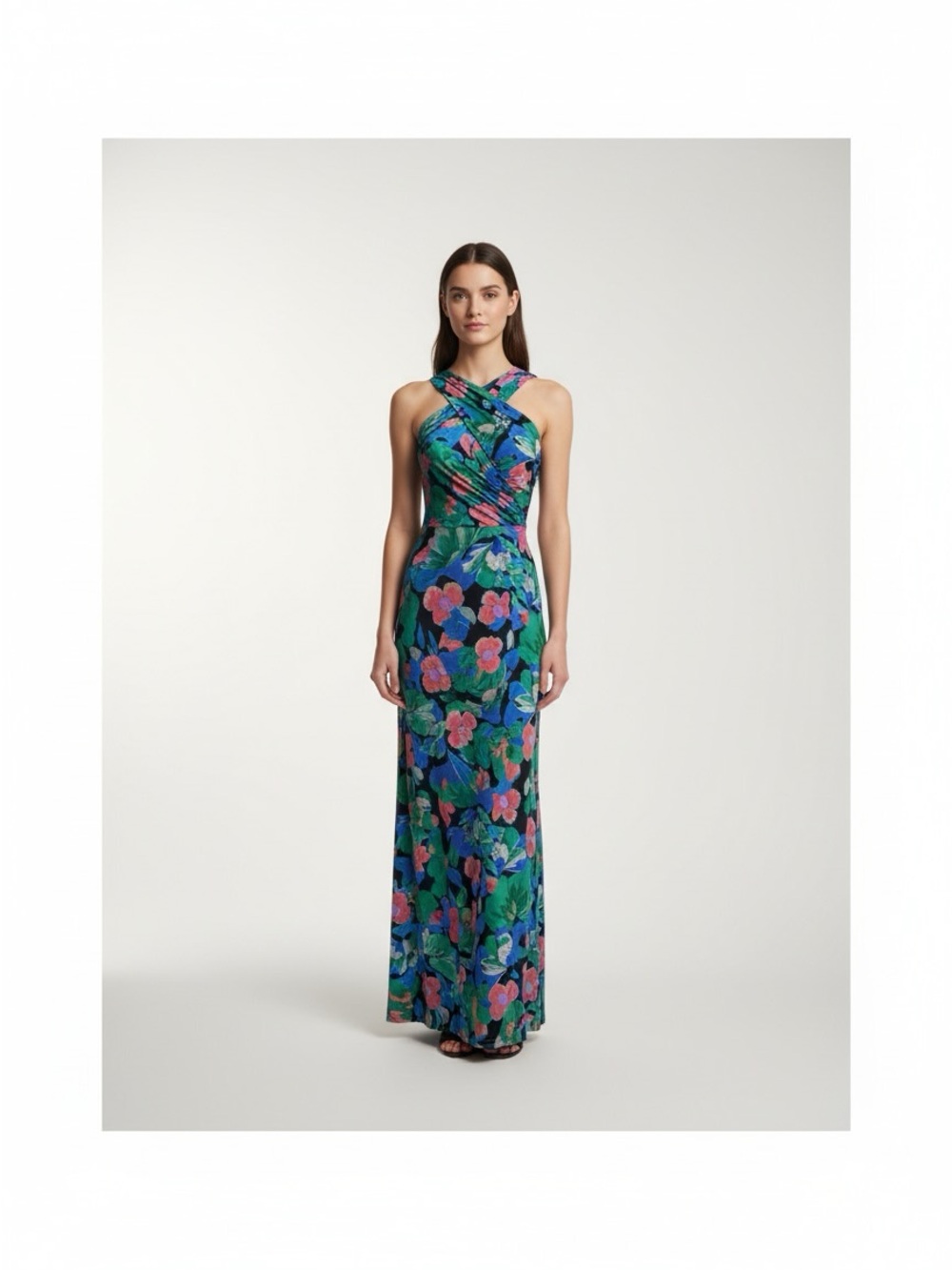 New Tahari ASL Floral Cross-Neck Maxi Dress in Blue and Green Pink size 10 P